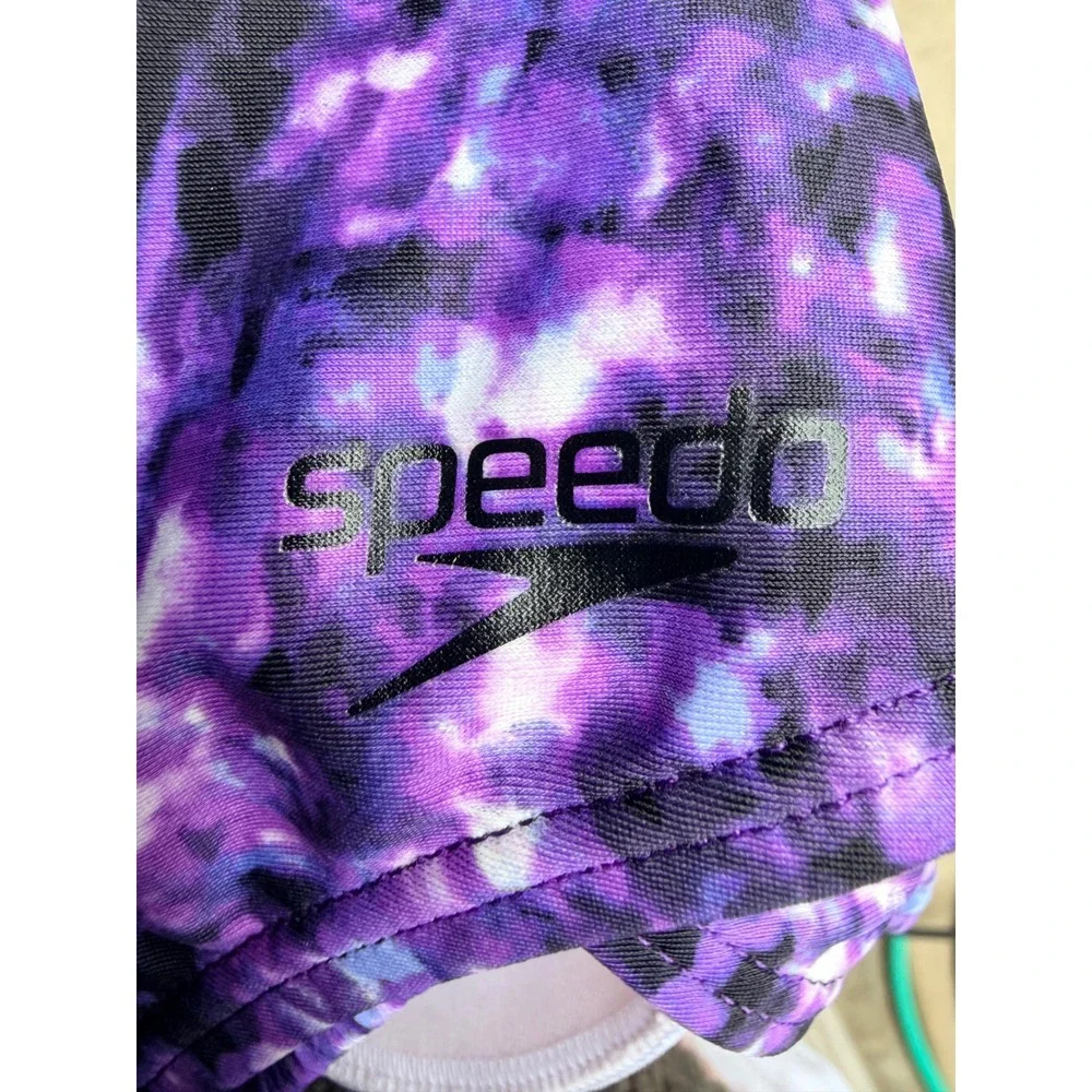 Speedo One Piece Swimsuit Womens Size 12 Purple Abstract Racerback Athletic Swim